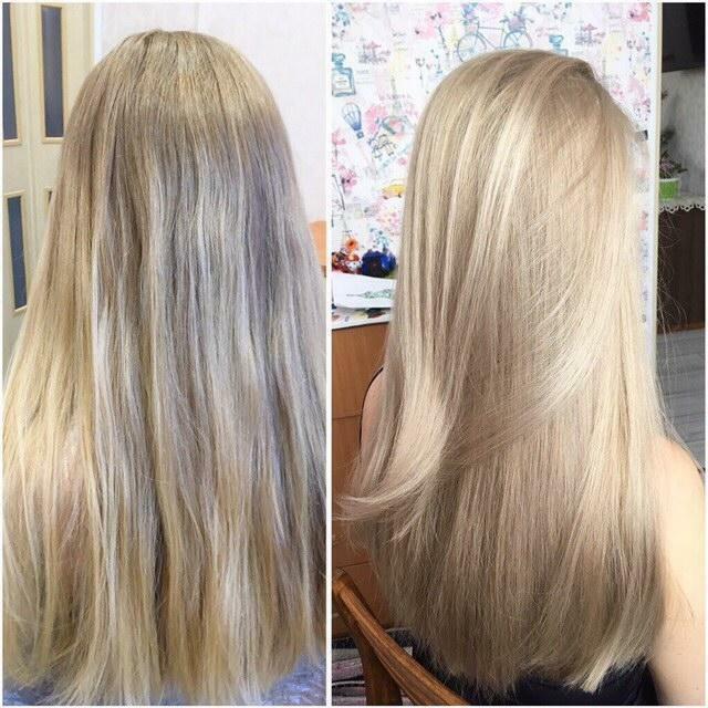волосы до и после процедуры окрашивания