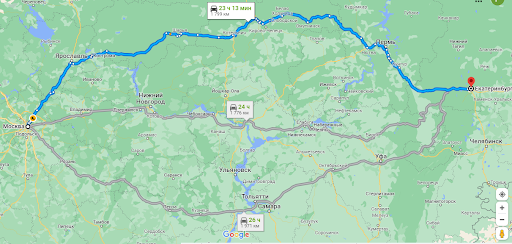 расстояние от Москвы до Екатеринбурга на карте