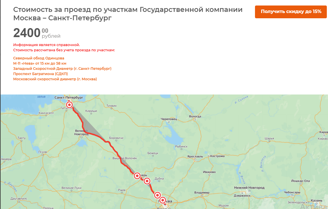Стоимость поездки по М11 от Москвы до Санкт-Петербурга в марте 2024 года