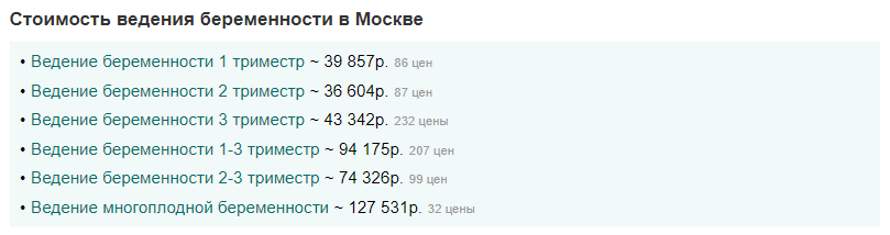 Цены на ведение беременности в Москве